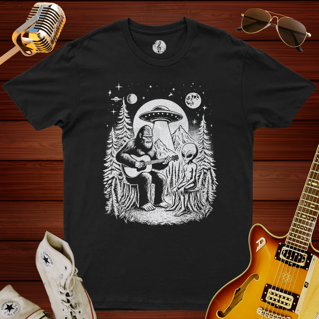 Bigfoot Play Guitar With Alien T-Shirt