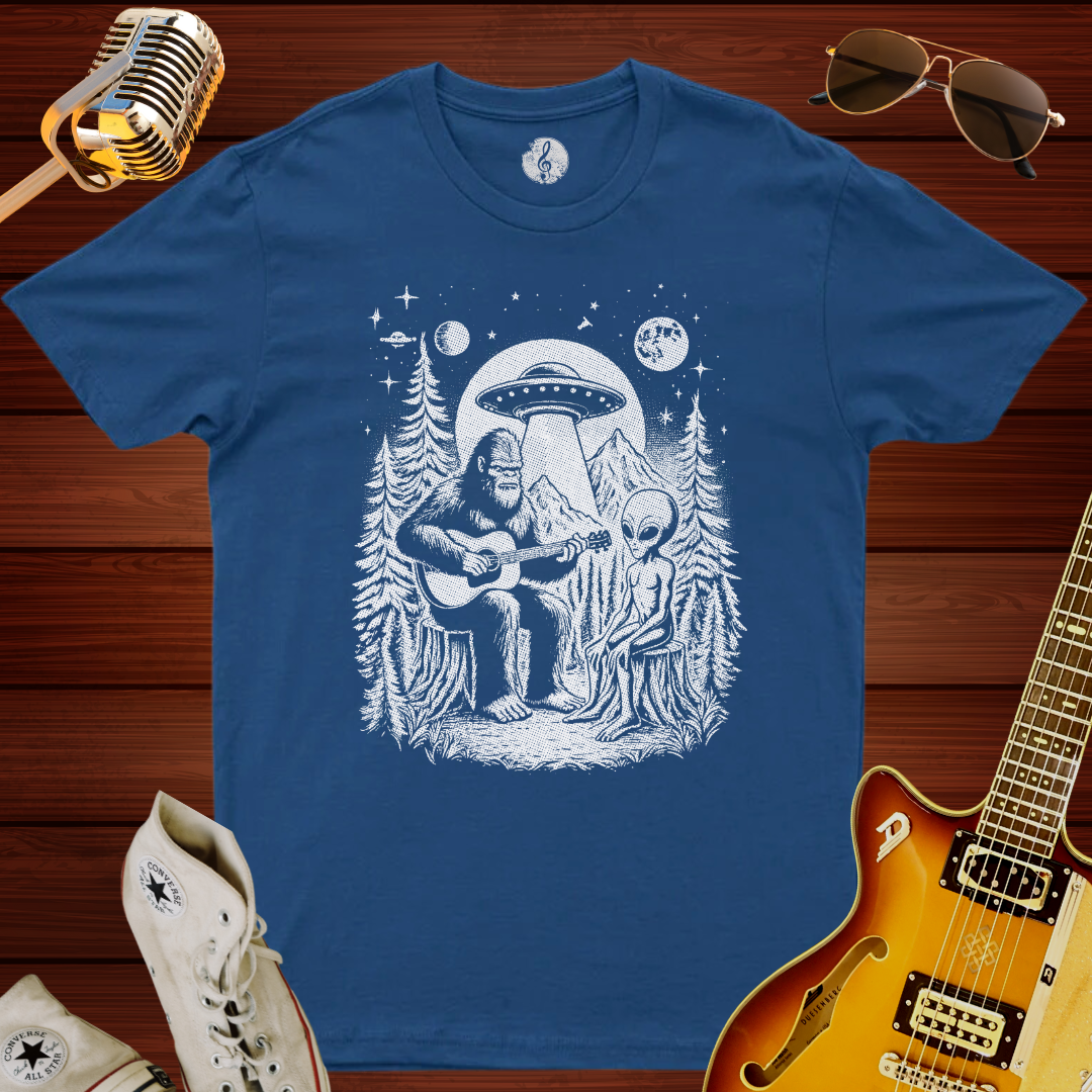 Bigfoot Play Guitar With Alien T-Shirt